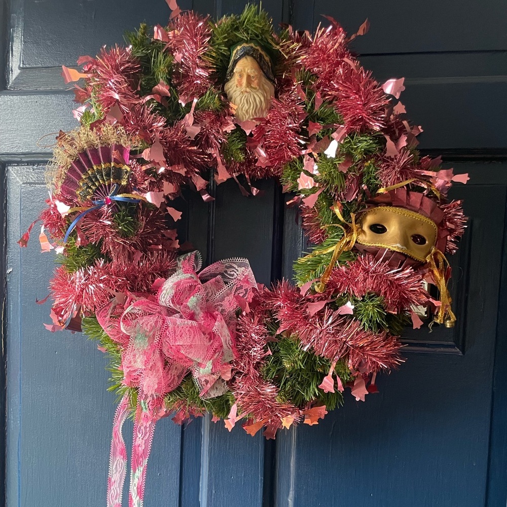 Handmade Pink Christmas Santa Mardi Gras Wreath 18” by 17”
